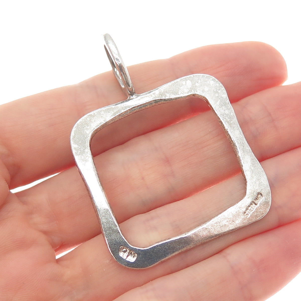 925 Sterling Silver Vintage RN Modernist Hammered Square Charm Pendant