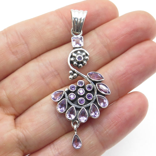 925 Sterling Silver Vintage Real Multi-Cut Amethyst Oxidized Pendant