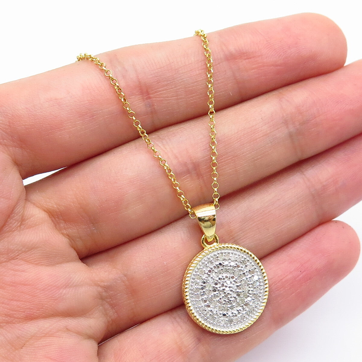 925 Sterling Silver Gold Plated Real White Diamond Rolo Chain Necklace 18"