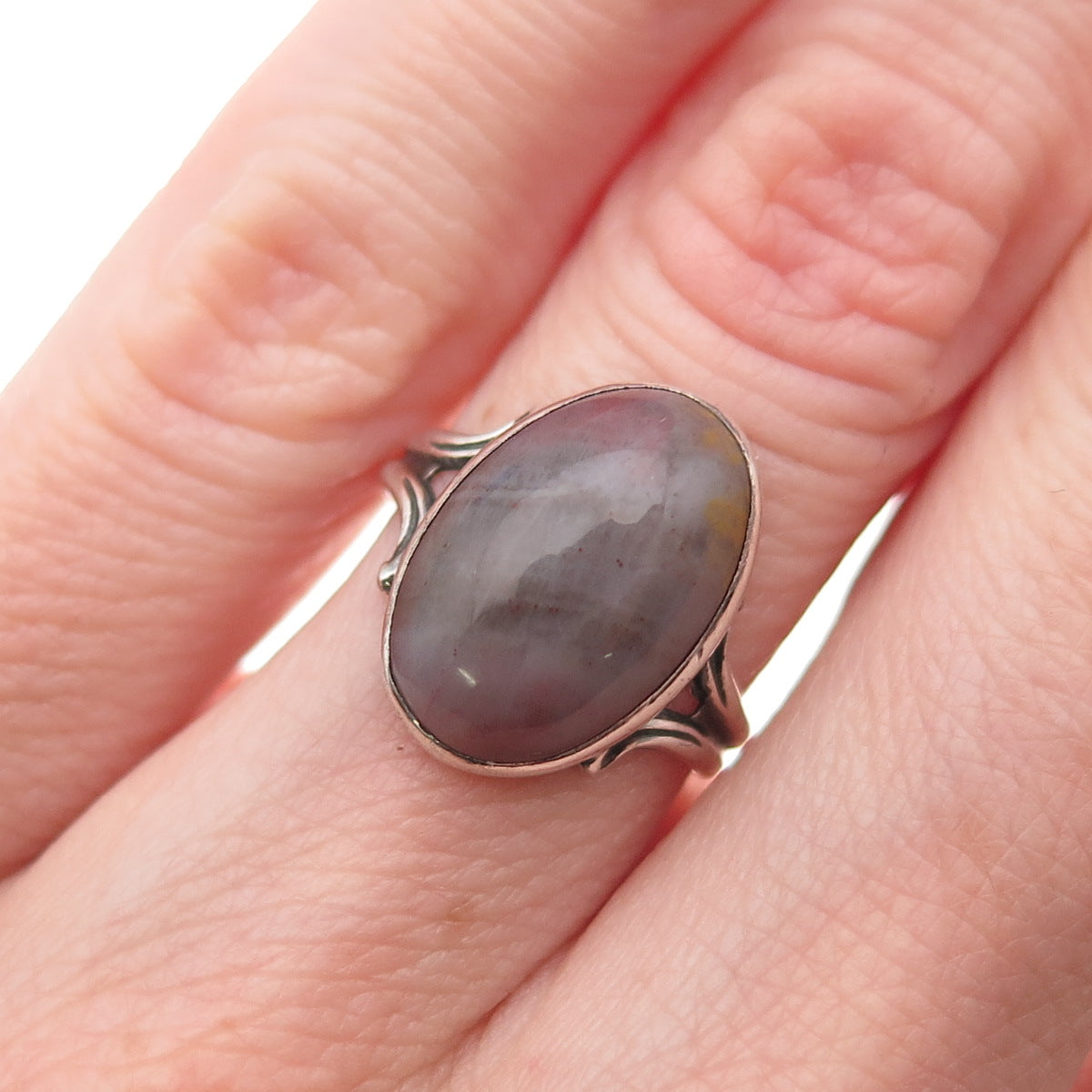 925 Sterling Silver Antique Art Deco Real Agate Oxidized Ring Size 4.75