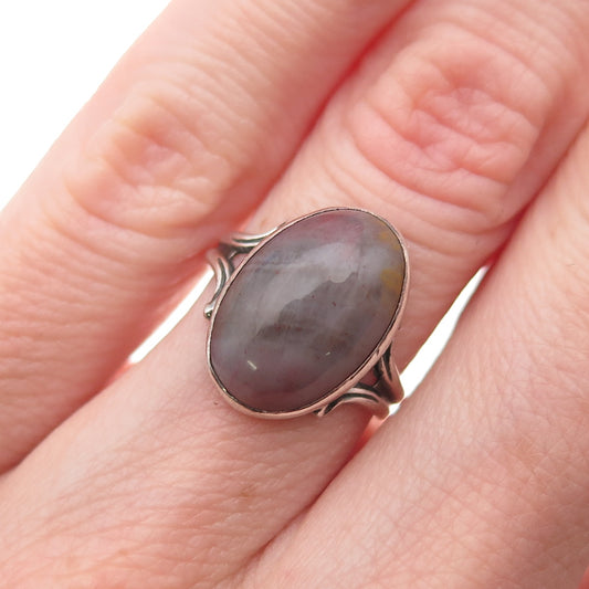 925 Sterling Silver Antique Art Deco Real Agate Oxidized Ring Size 4.75
