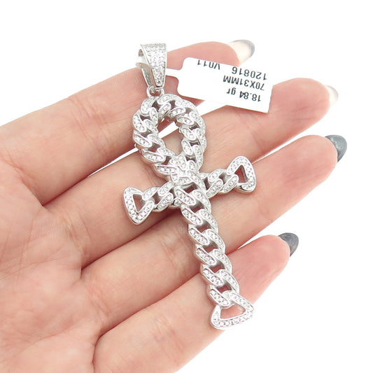 925 Sterling Silver Pave C Z Egyptian Ankh Cross Pendant