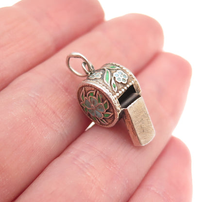 925 Sterling Silver Gold Plated Antique Art Deco Enamel Floral Whistle Pendant