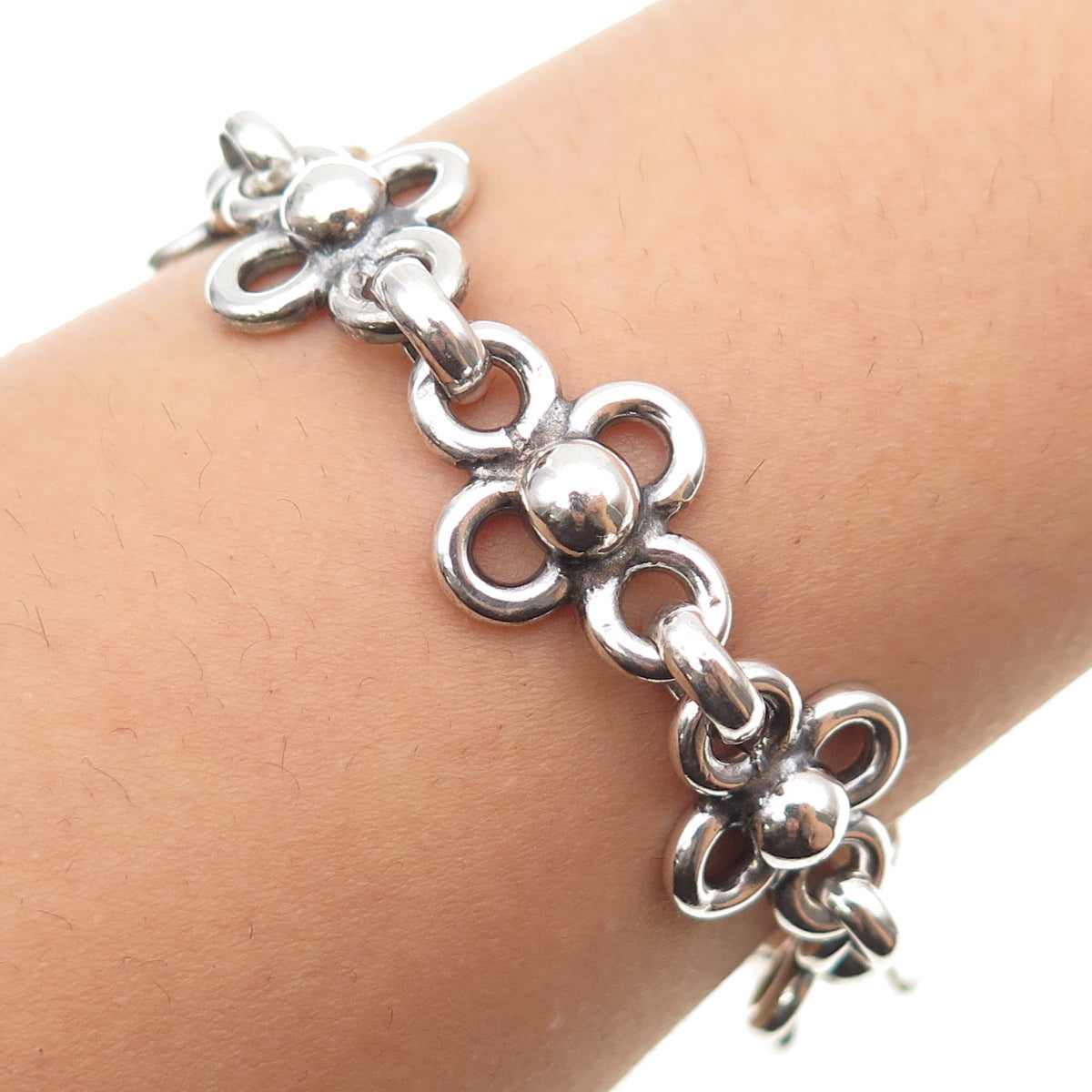 925 Sterling Silver Vintage Mexico Modernist Flower Link Bracelet 6.25"