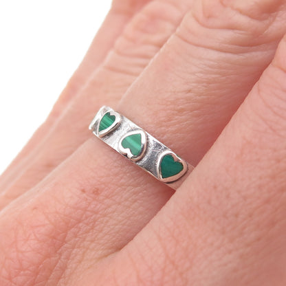 925 Sterling Silver Vintage Real Malachite Heart Oxidized Band Ring Size 8.75