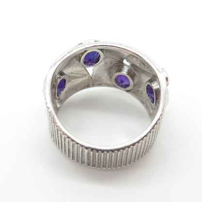 925 Sterling Silver Vintage Real Round-Cut Amethyst Modernist Ring Size 8.25