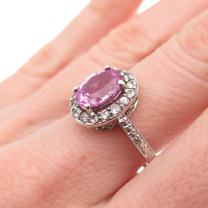 925 Sterling Silver Real Pink & White Topaz Ring Size 7.25