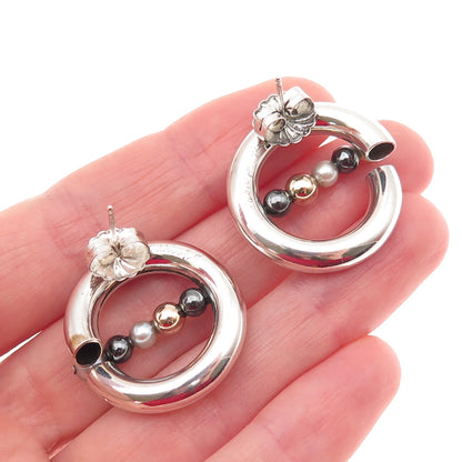 Hiroko Yamada 925 Sterling 2-Tone Vintage Real Pearl Hematite Modernist Earrings