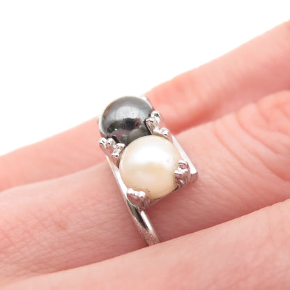 UNCAS 925 Sterling Silver Antique Art Deco Real Hematite & Pearl Ring Size 3.75