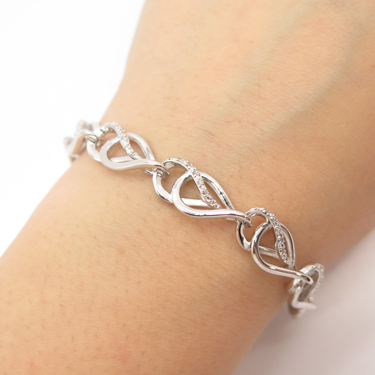 925 Sterling Silver SUN Real White Diamond Double Pear Link Bracelet 7"