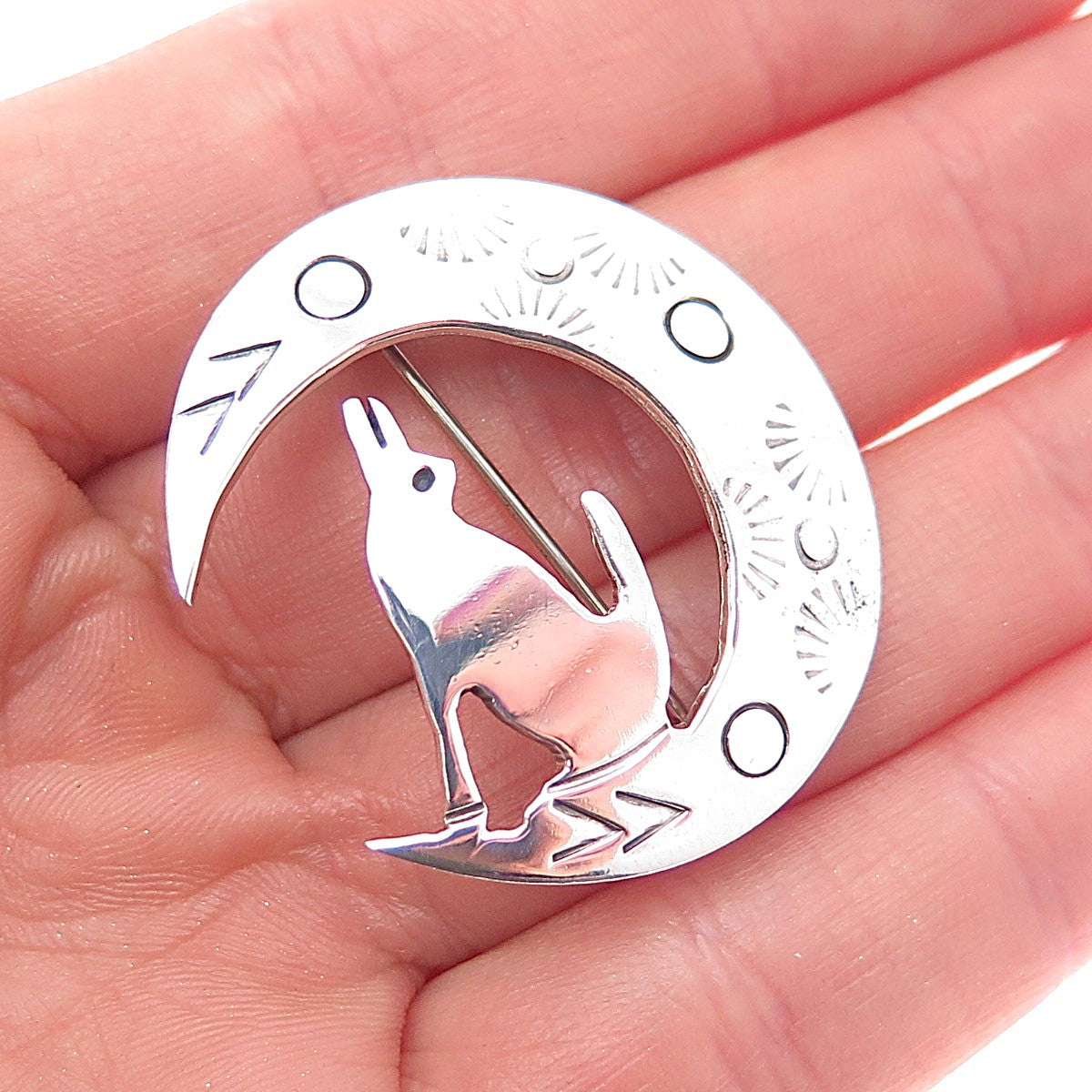 925 Sterling Silver Vintage Mexico Howling Wolf Crescent Moon Pin Brooch