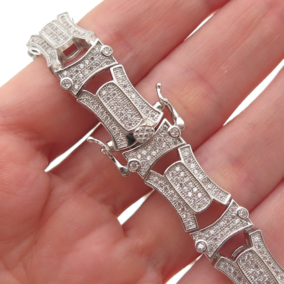 925 Sterling Silver Round-Cut C Z Panel Link Bracelet 8.5"