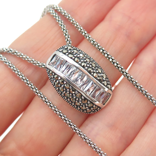 925 Sterling Silver Vintage Italy Real Marcasite C Z Popcorn Chain Necklace 16"