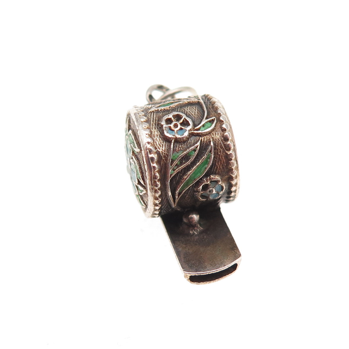 925 Sterling Silver Gold Plated Antique Art Deco Enamel Floral Whistle Pendant
