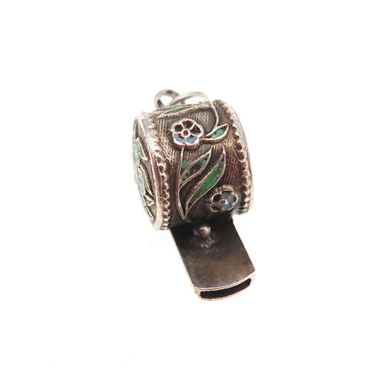 925 Sterling Silver Gold Plated Antique Art Deco Enamel Floral Whistle Pendant