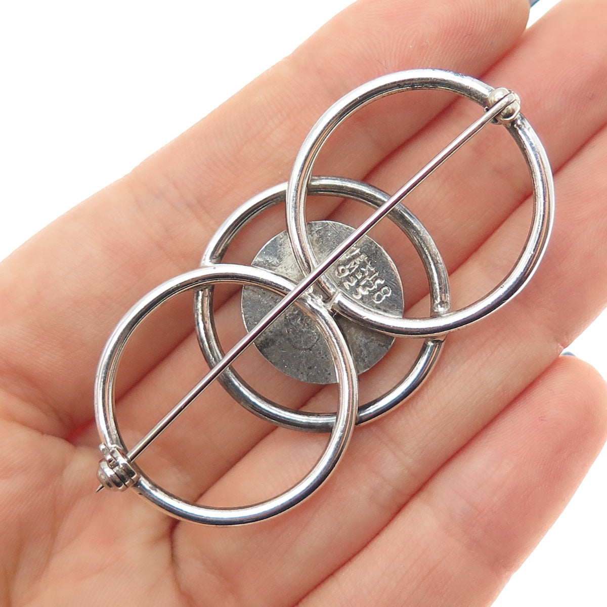 925 Sterling Silver Vintage Mexico Real Green Onyx Interlocked Circle Pin Brooch