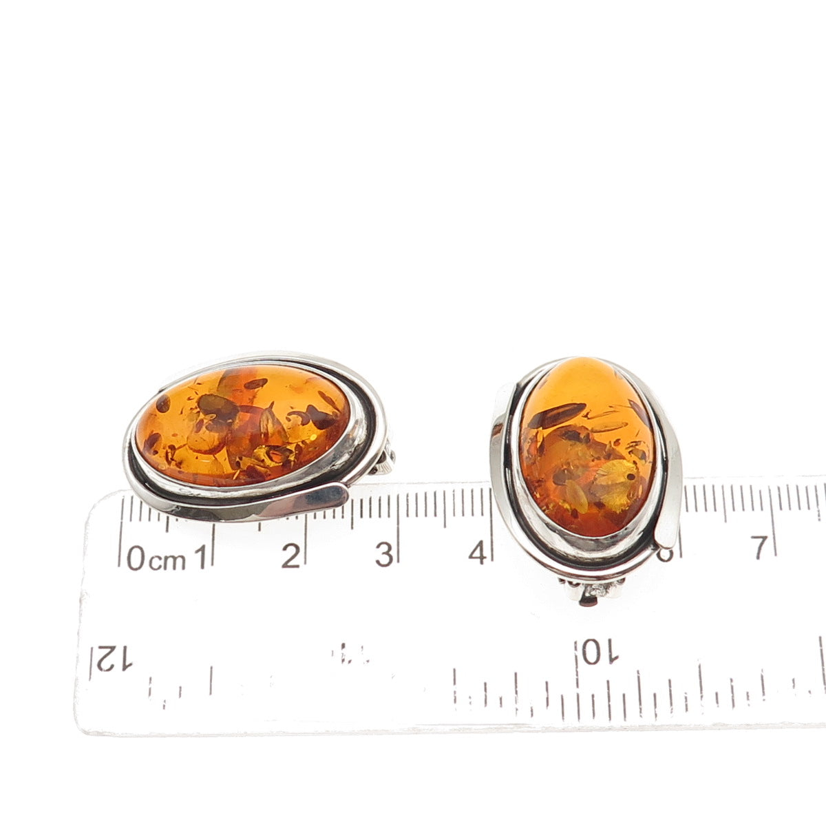 925 Sterling Silver Vintage JB Poland Real Amber Modernist Clip On Earrings