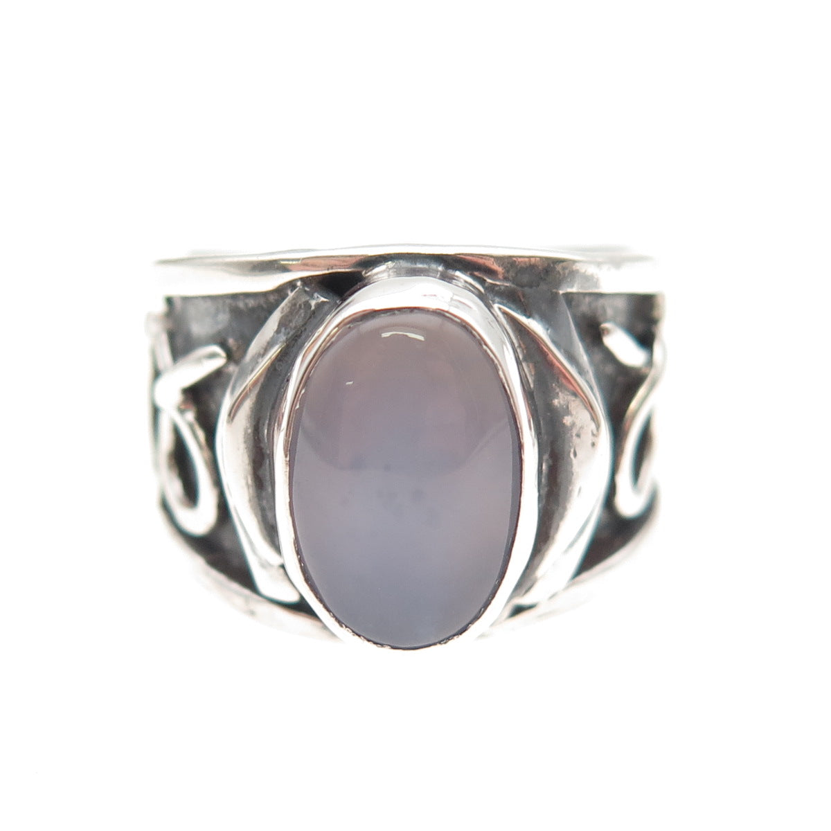 925 Sterling Silver Vintage Real Chalcedony Modernist Oxidized Ring Size 5