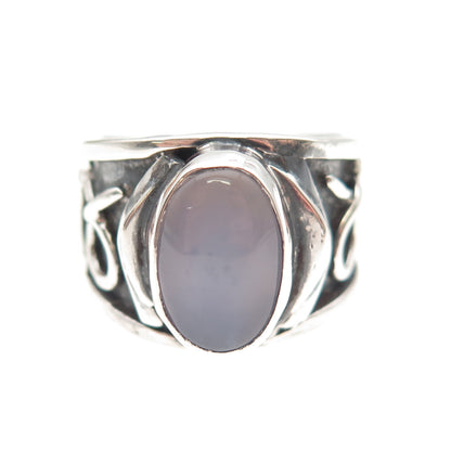 925 Sterling Silver Vintage Real Chalcedony Modernist Oxidized Ring Size 5