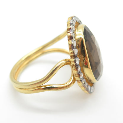 925 Sterling Silver Gold Plated Vintage Real Smoky Quartz & C Z Ring Size 8.5