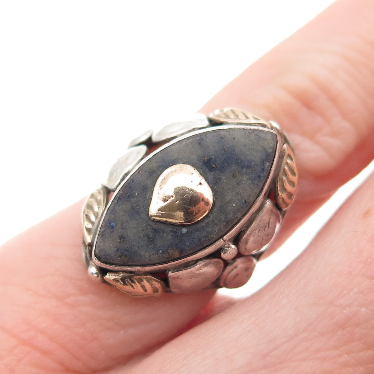 925 Sterling Silver & Gold Antique Victorian Real Lapis Heart Ring Size 2.25