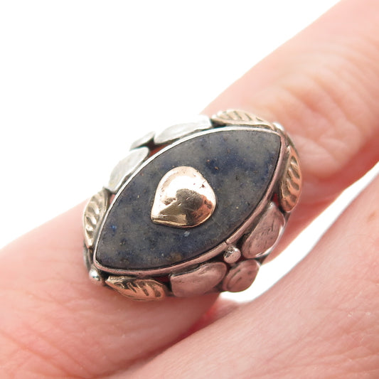 925 Sterling Silver & Gold Antique Victorian Real Lapis Heart Ring Size 2.25