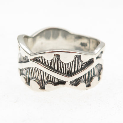 925 Sterling Silver Vintage Modernist Zig Zag Oxidized Band Ring Size 10.25