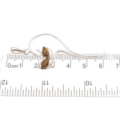 925 Sterling Silver Vintage Real Amber Modernist Cat Charm Pendant