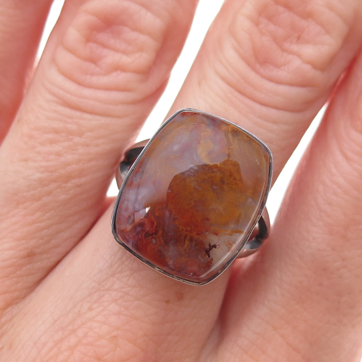 925 Sterling Silver Vintage Real Agate Modernist Oxidized Ring Size 6.5
