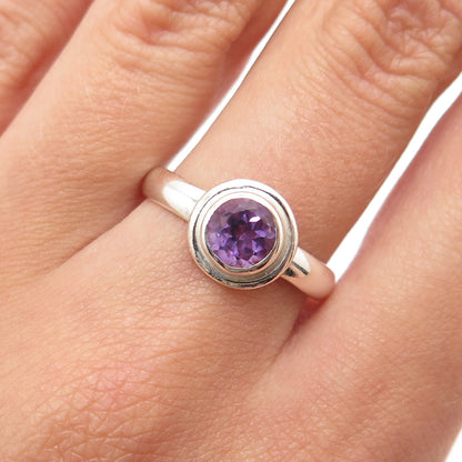 925 Sterling Silver Vintage Real Round-Cut Amethyst Ring Size 7.75