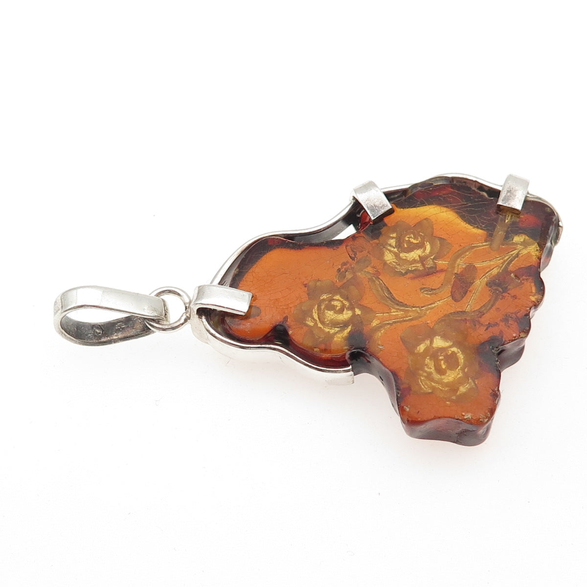 925 Sterling Silver Vintage Real Amber Carved Rose Flower Pendant