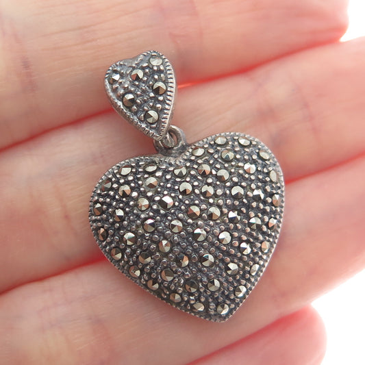 925 Sterling Silver Vintage Real Marcasite Heart Oxidized Charm Pendant