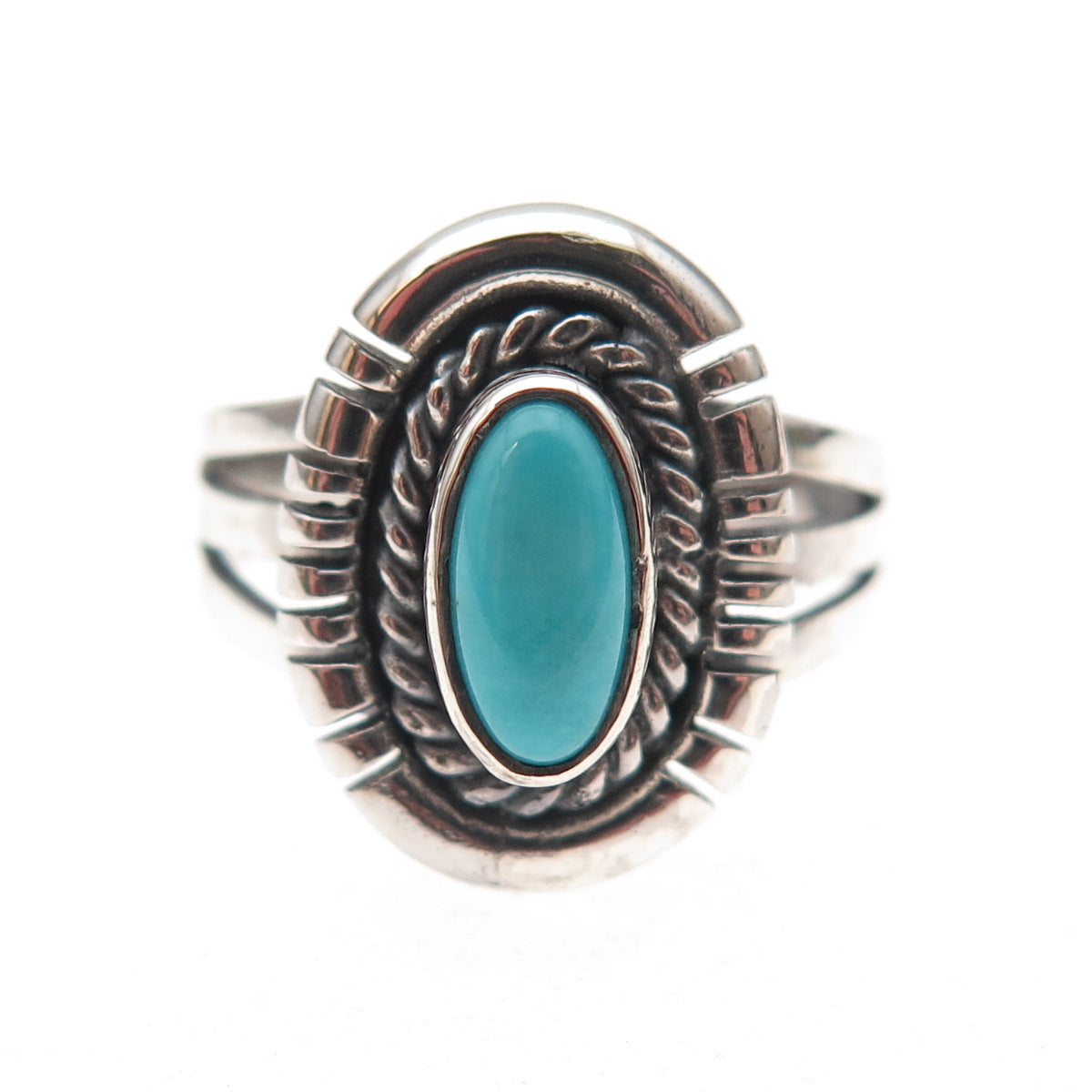 925 Sterling Silver Vintage Real Turquoise Southwestern Oxidized Ring Size 7
