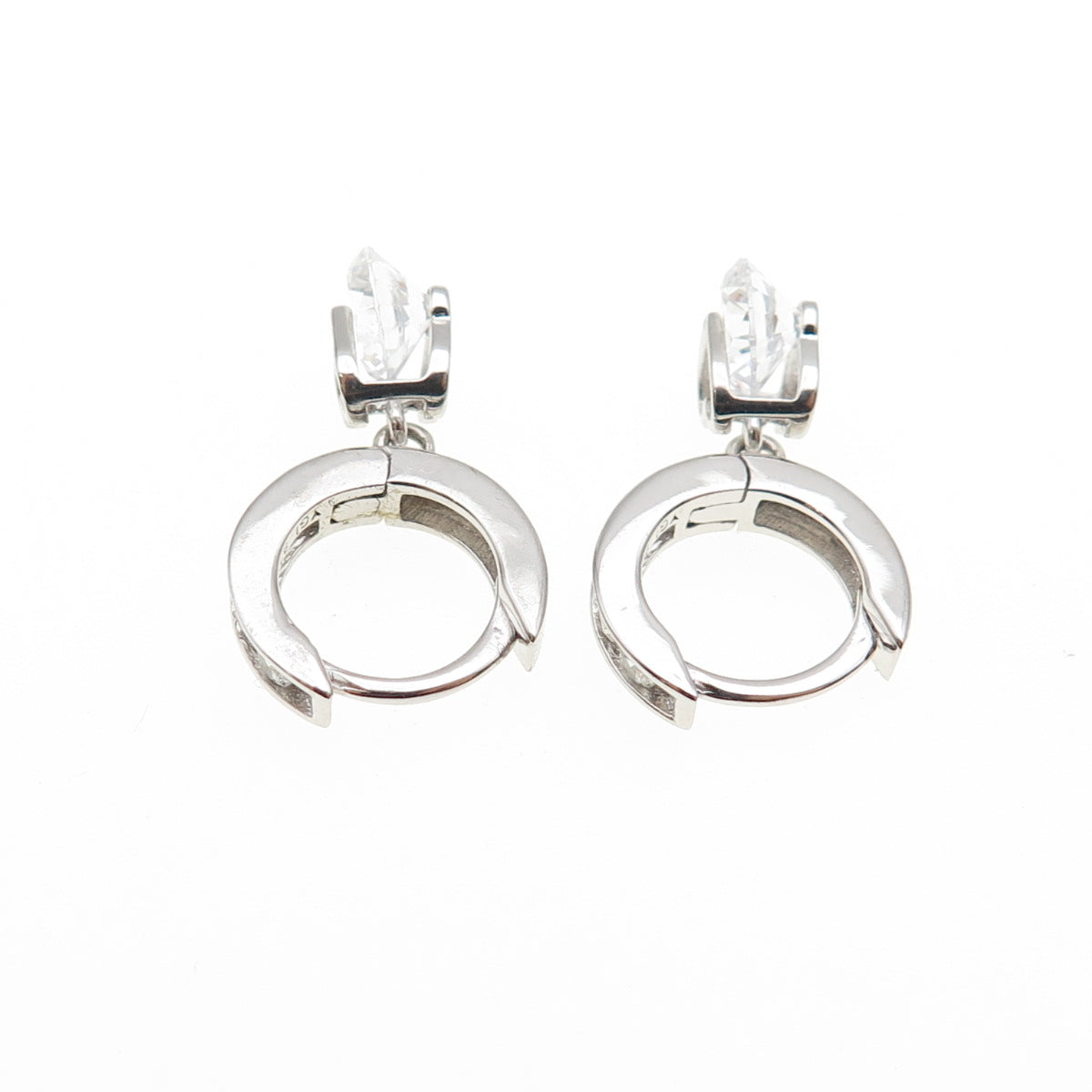 925 Sterling Silver Round-Cut C Z Heart Dangle Hoop Earrings