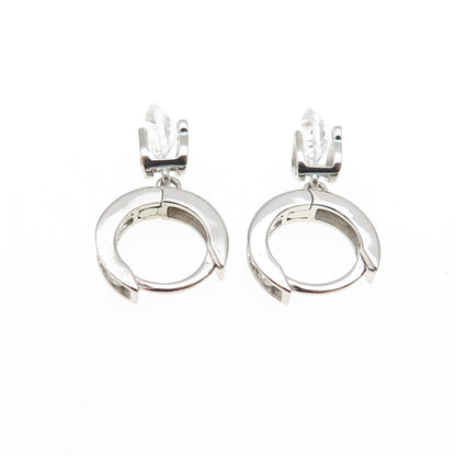 925 Sterling Silver Round-Cut C Z Heart Dangle Hoop Earrings