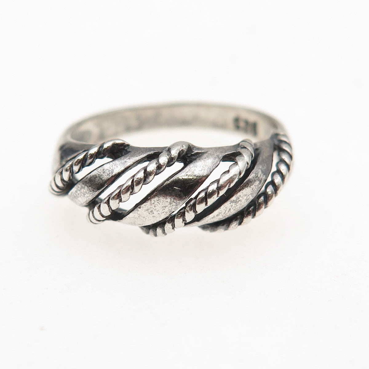 925 Sterling Silver Vintage Modernist Ribbed Oxidized Ring Size 6