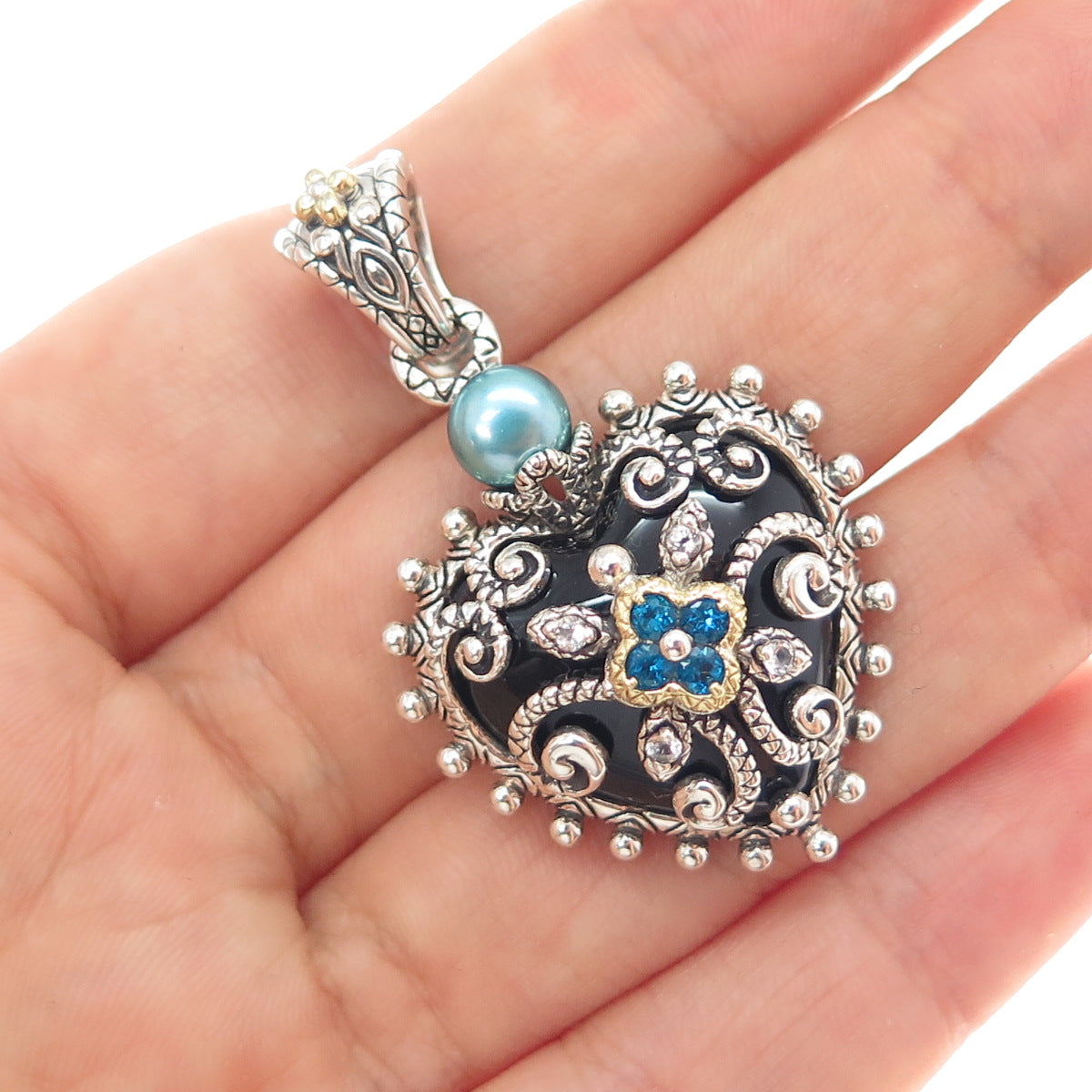 BARBARA BIXBY 18K Gold 925 Sterling Silver Real Multi-Gem Heart Charm Pendant