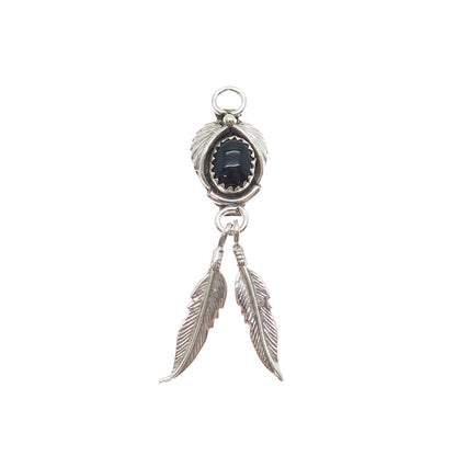 Benjamin James Navajo Old Pawn 925 Sterling Vintage Black Onyx Feather Pendant