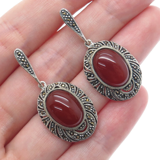925 Sterling Silver Vintage Real Carnelian & Marcasite Oxidized Dangle Earrings