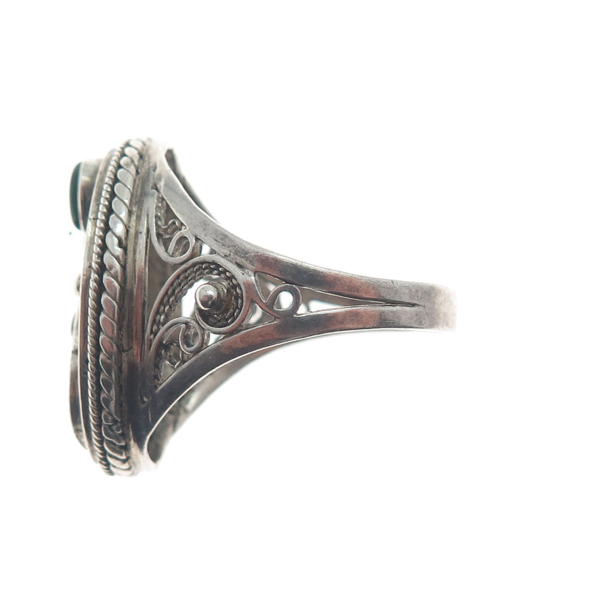 925 Sterling Silver Vintage Real Malachite Gem Filigree Oxidized Ring Size 9.25
