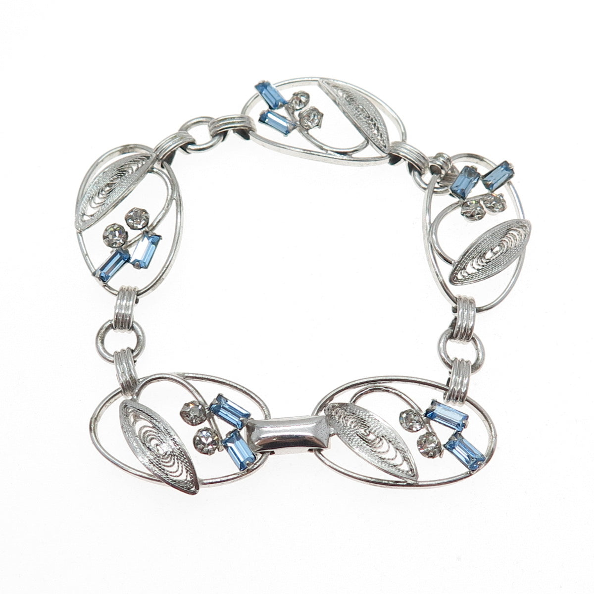 CARL ART Sterling Antique Blue & White Rhinestone Filigree Flower Bracelet 6.75"