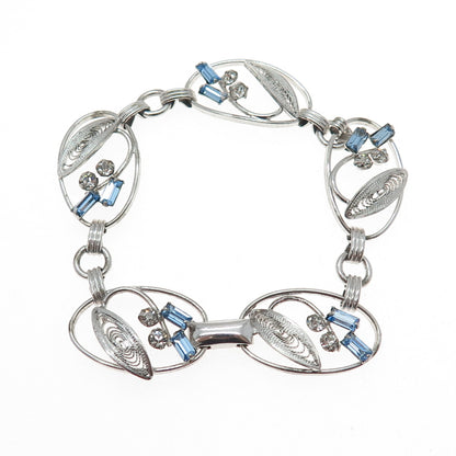 CARL ART Sterling Antique Blue & White Rhinestone Filigree Flower Bracelet 6.75"