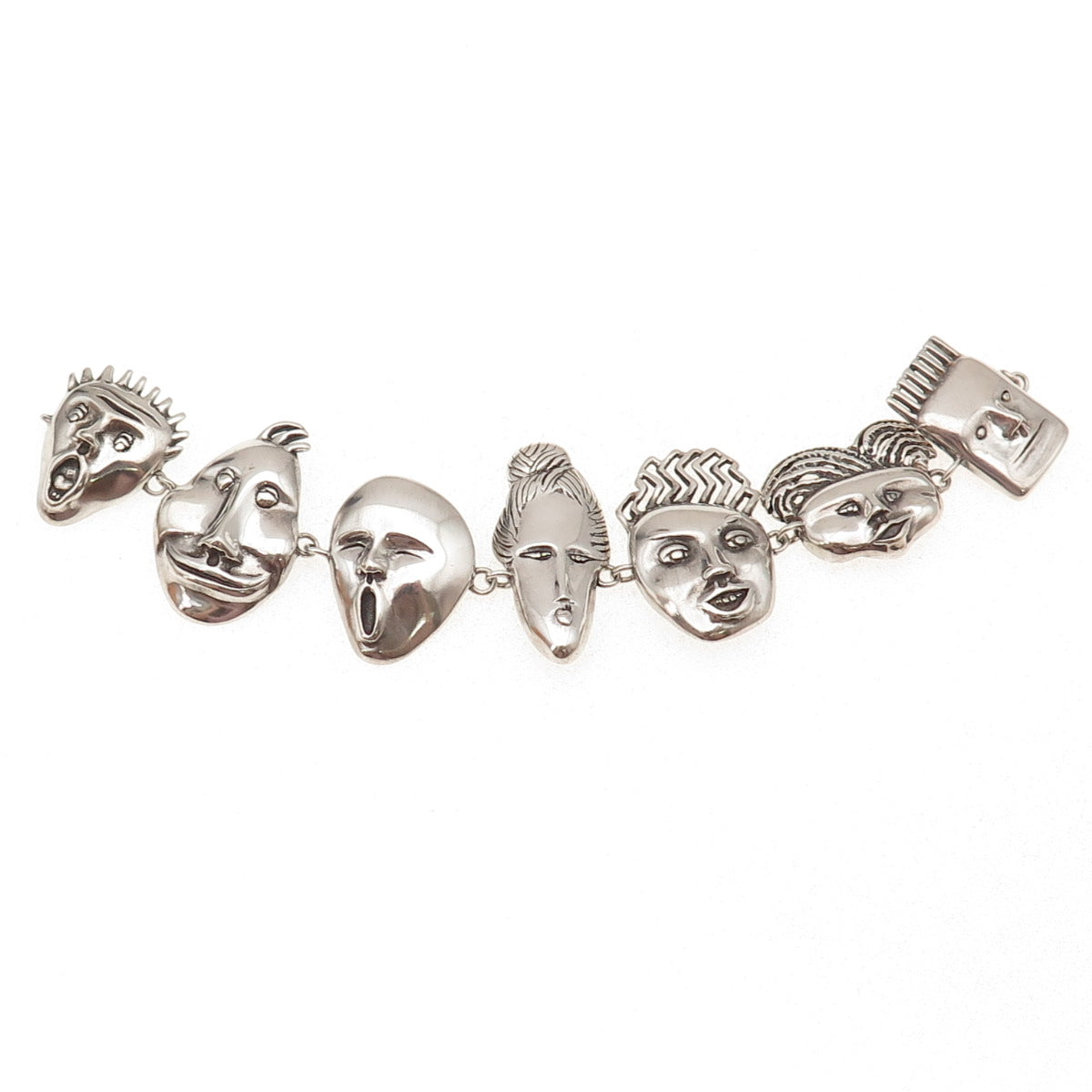 Nancy Hoyt Sterling Silver Vintage Abstract Masks Bracelet 6.75" (missing lock)