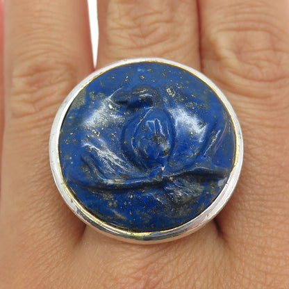 970 Silver Vintage Real Carved Lapis Lazuli Bird Cameo Statement Ring Size 10.25