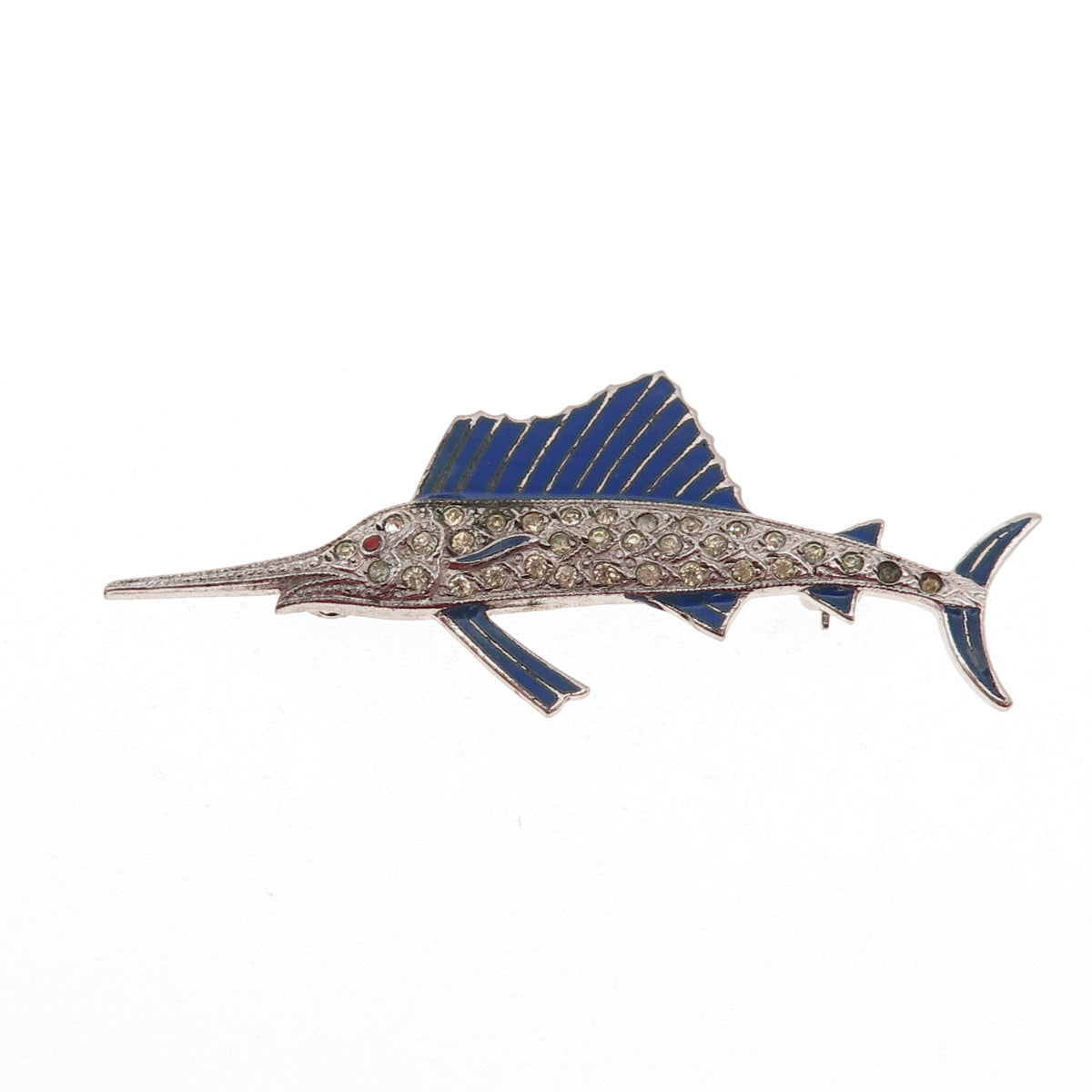 925 Sterling Antique Enamel & Rhinestone Swordfish Pin Brooch (missing 2 stones)
