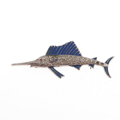 925 Sterling Antique Enamel & Rhinestone Swordfish Pin Brooch (missing 2 stones)