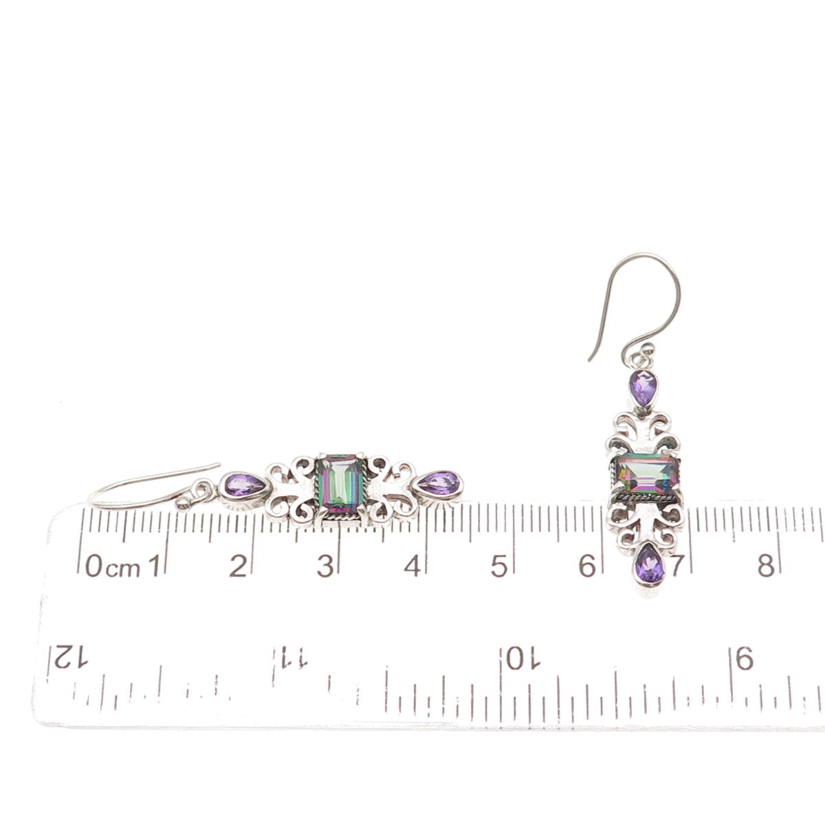 925 Sterling Silver Vintage Real Amethyst Mystic Topaz Modernist Dangle Earrings
