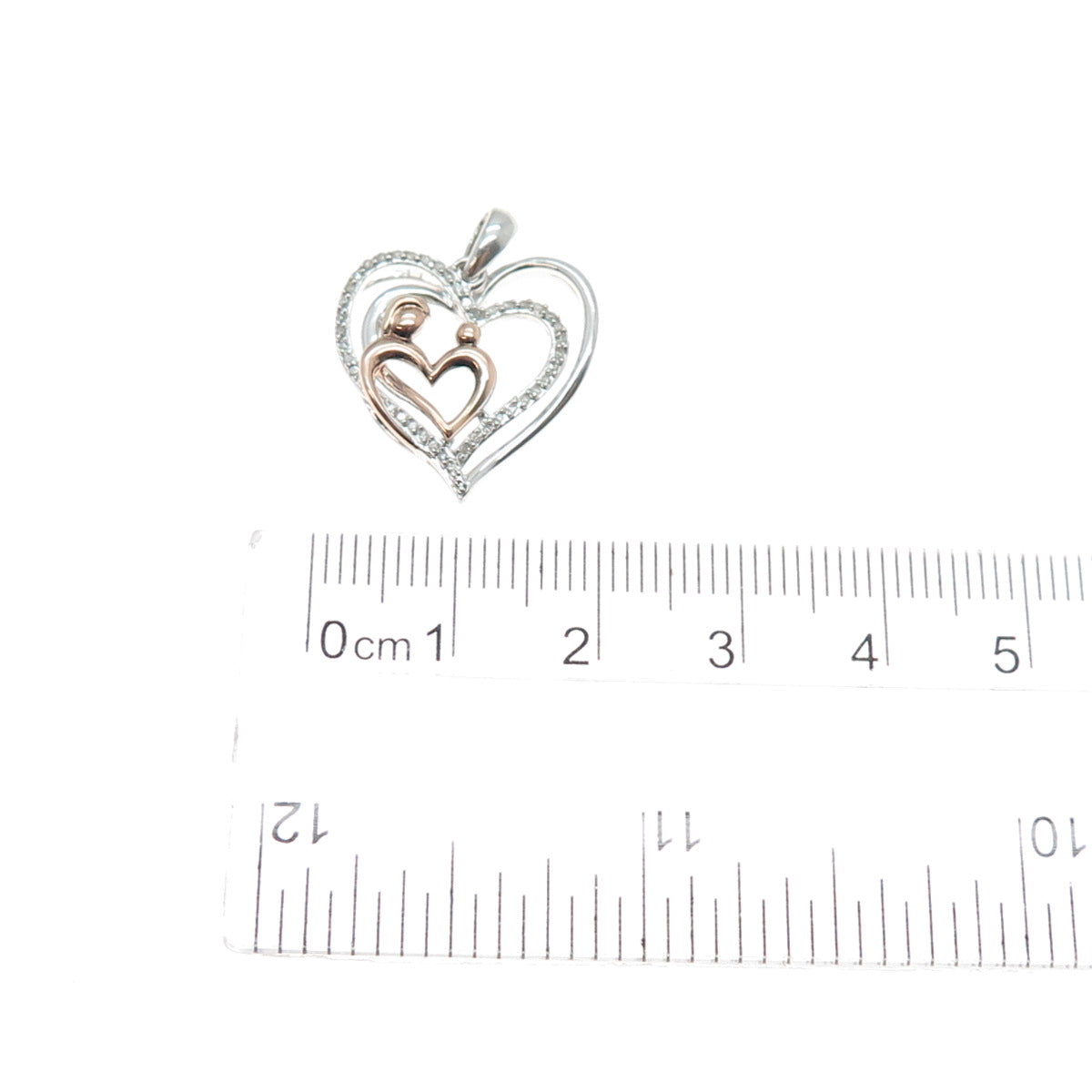 SUN 925 Sterling Silver 2-Tone Real Diamond Mom & Child Heart Charm Pendant
