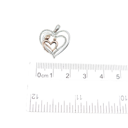 SUN 925 Sterling Silver 2-Tone Real Diamond Mom & Child Heart Charm Pendant