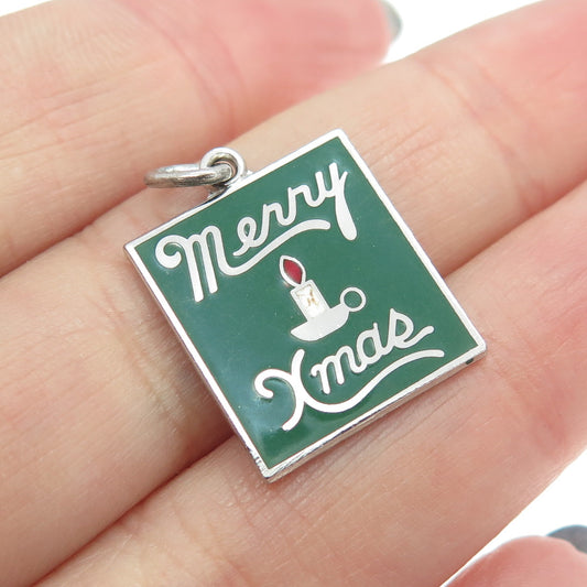 WELLS 925 Sterling Silver Vintage Colorful Enamel "Merry Xmas" Candle Pendant